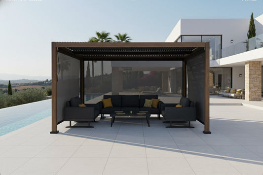 Monaco Bioclimatic Pergola over an outdoor seating area