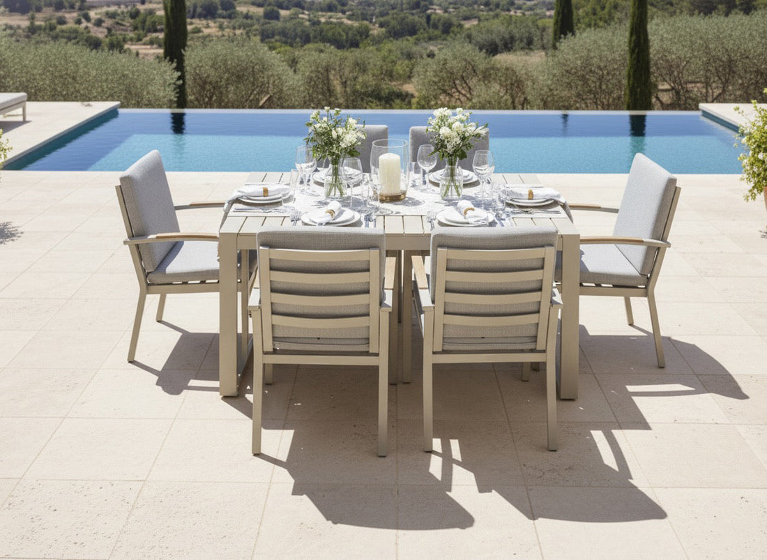 Bruges 6 Seat Dining Set in Ivory set up for outdoor entertaining