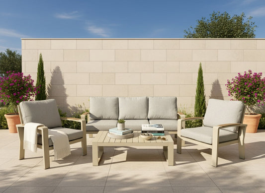 Bruges 3 Seat Sofa Set in Ivory with teak arms