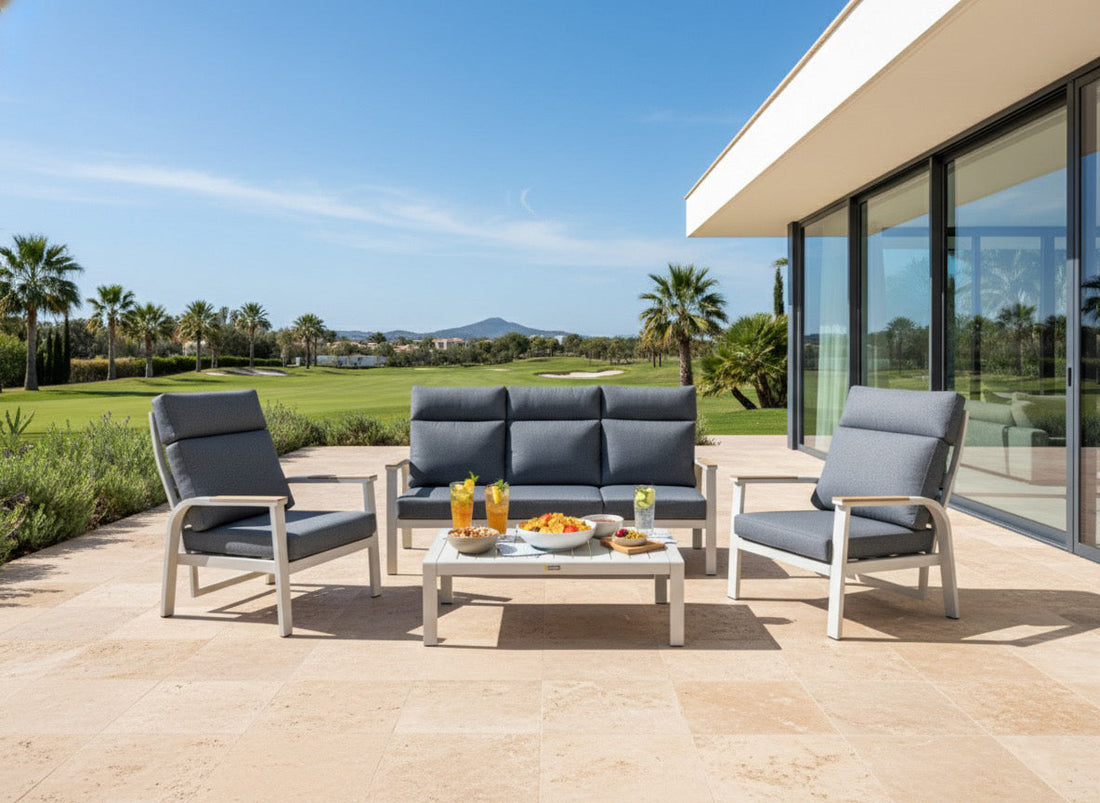 Annecy 3 Seat Sofa Set in Titanium Grey on a modern terrace