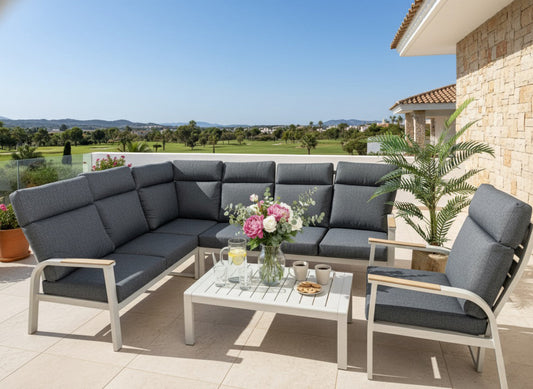 Annecy Corner Sofa Set in Titanium Grey on a holiday rental terrace