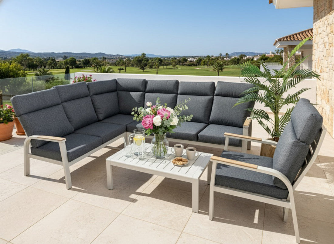 Annecy Corner Sofa Set in Titanium Grey on a covered terrace