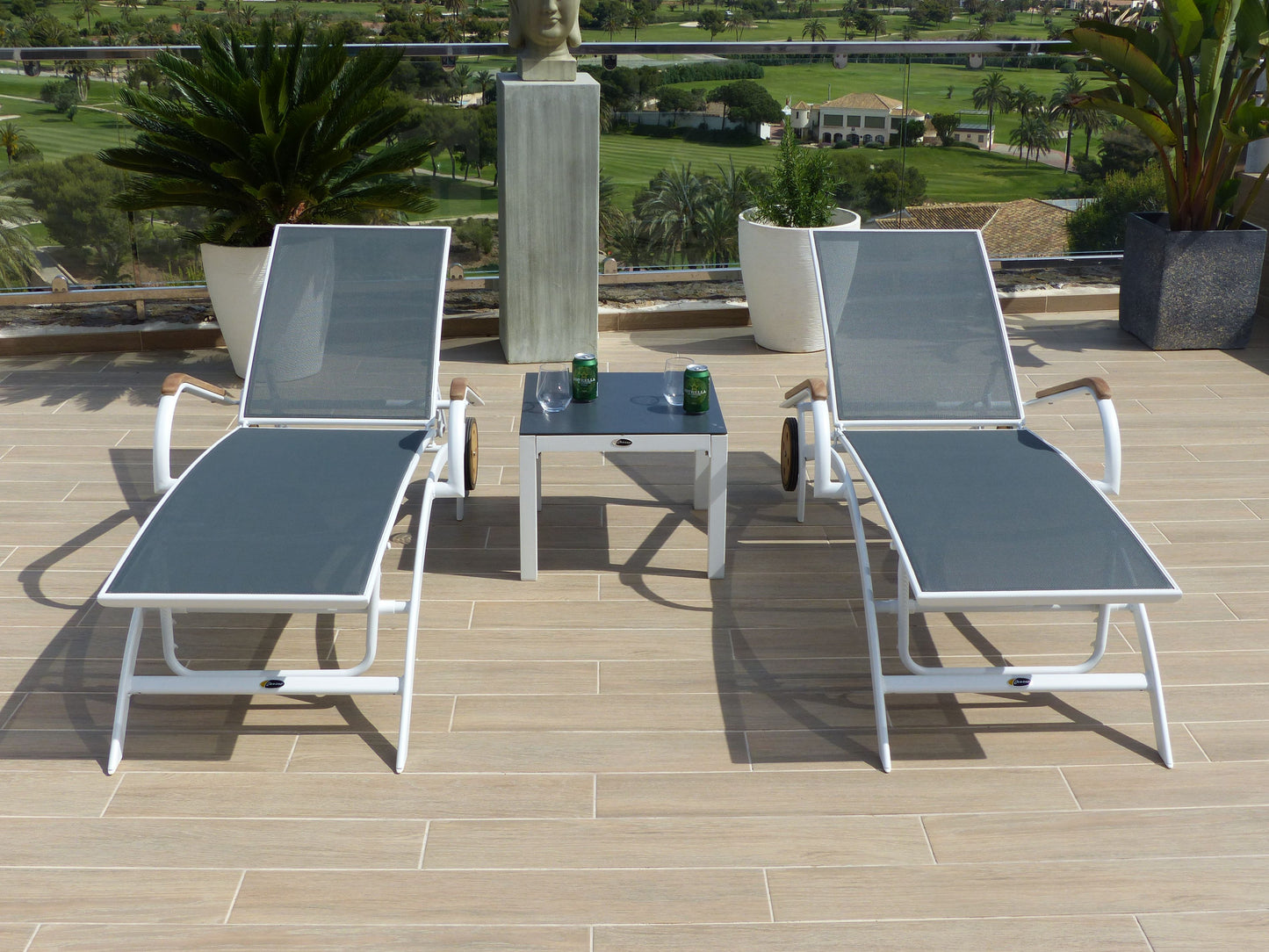 2 Valencia Pool Sun Loungers & Side Table